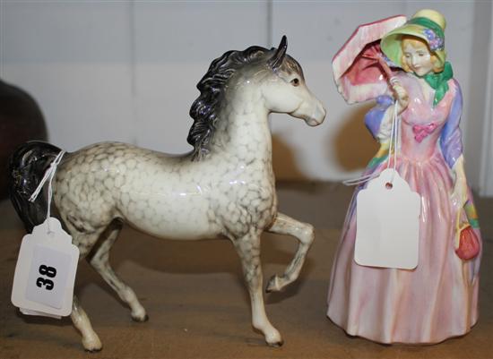 Doulton figure of Miss Demore & Beswick horse (a/f)